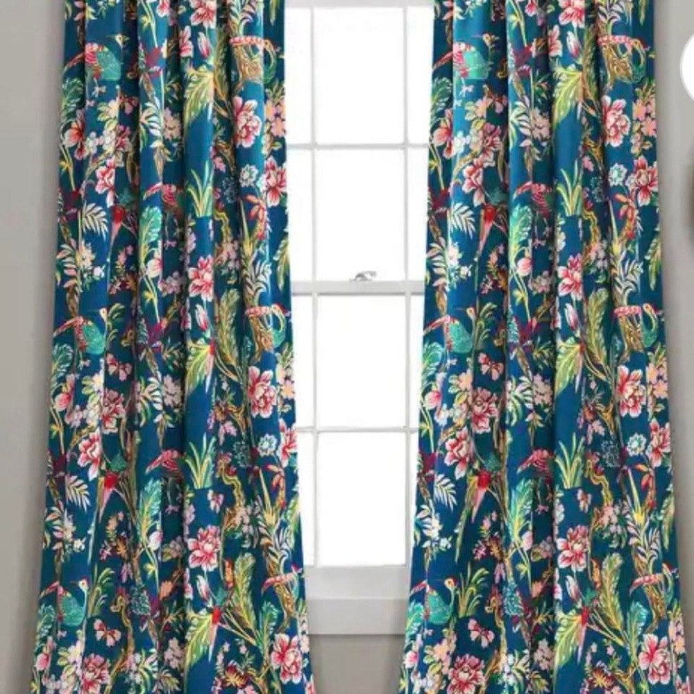 LUSH Decor Dolores light filtering floral bird print curtain pair panels 52x95+2